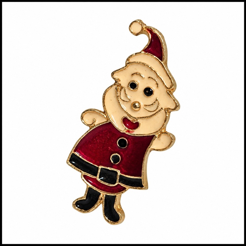 Vintage Santa Claus Christmas Brooch Red Enamel Gold Tone Holiday Pin
